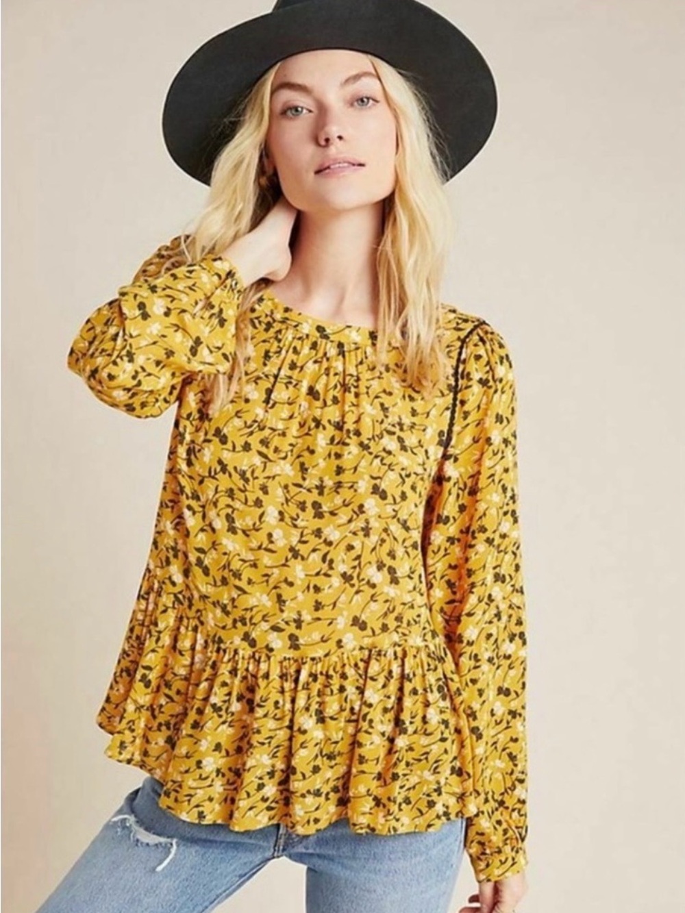 Maeve x ANTHROPOLOGIE Yellow Floral Printed Peplum Top Blouse Size 1X